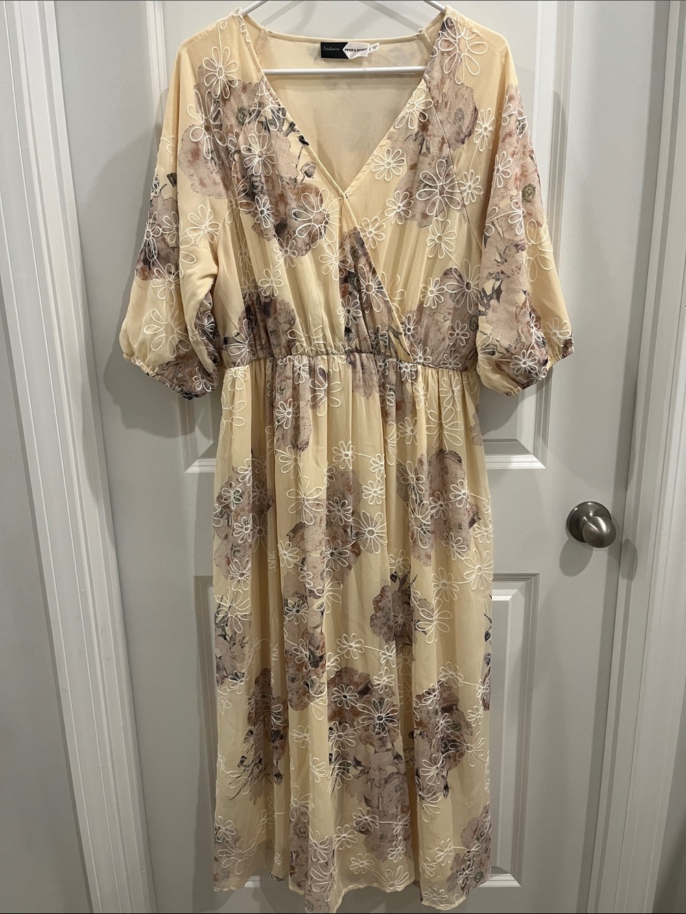 Floral Lace-Embroidered Pale Yellow Wrap Maxi Dress